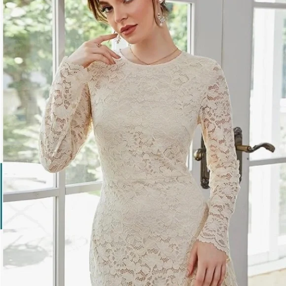 🌹2X HOST PICK🌹TICOSA BEIGE LACE DRESS WITH RUFFLE LAYERED LACE HEM/SZ L - Picture 5 of 14